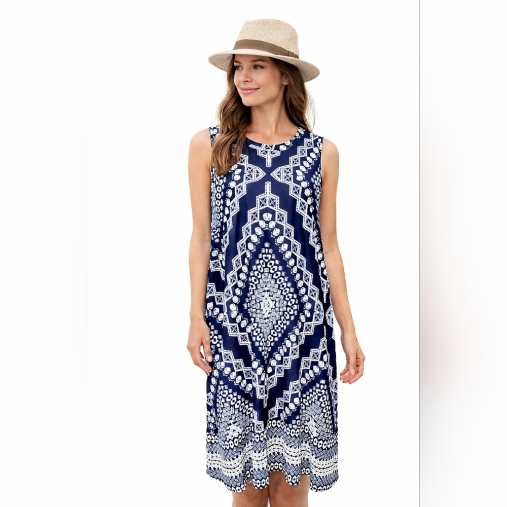 Womans Apt 9 Size Small Blue White Boho Spring Summer Shift Dress With Pockets